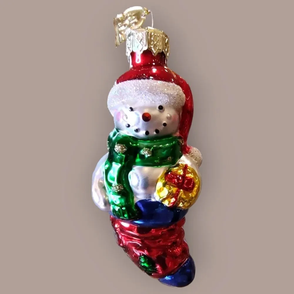 Santa Snowman Christmas Stocking Hand Blown Glass Ornament Thomas Pacconi 2002